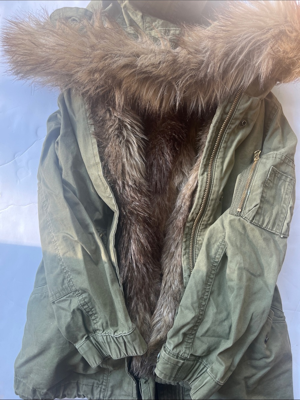 Gap Kids size S/P Olive Green Faux Fur Hooded Jacket w/ Detachable Faux Fur Vest